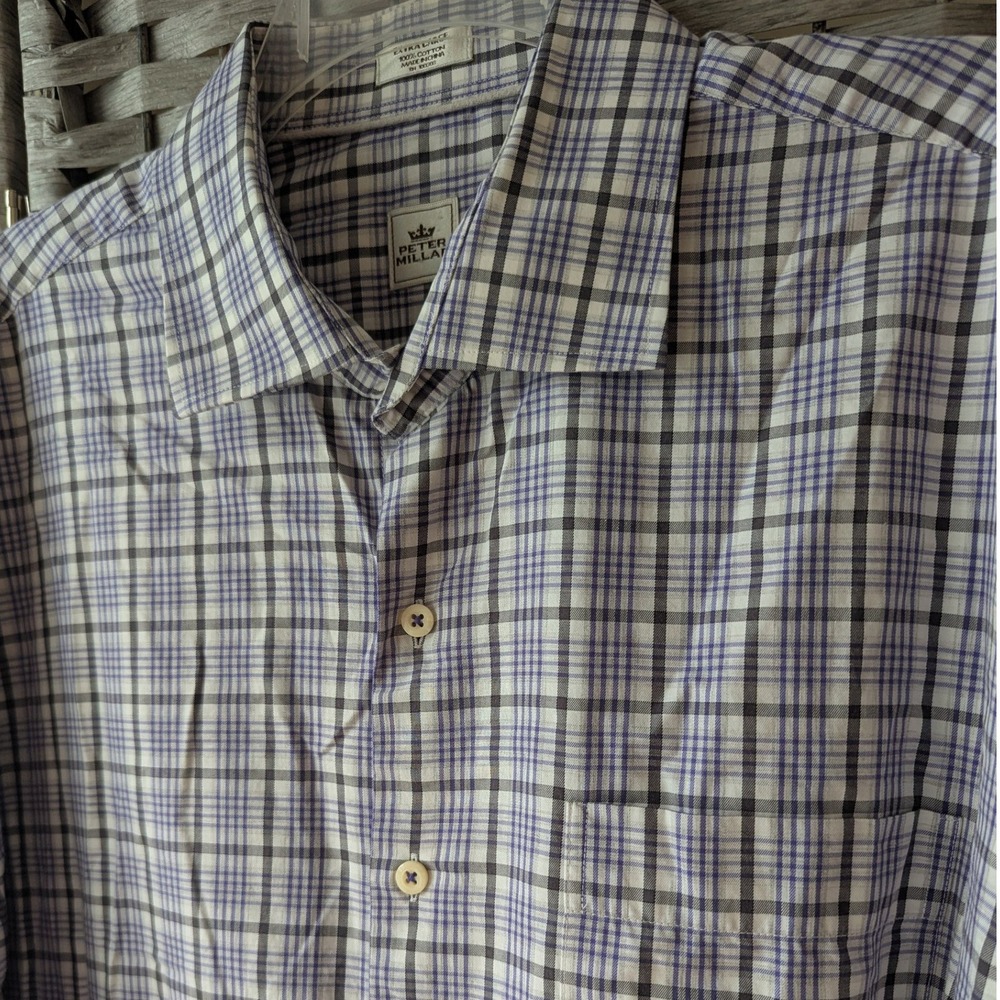 Peter‎ Millar Button Up Shirt Blue Grey Plaid Long Sleeve Mens Sz XL 100% Cotton